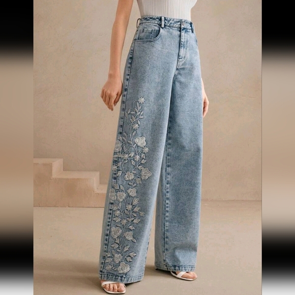 Elegant Embroidered Floral Design Ladies Long Pants, Vacation Style, Suitable Fo - Picture 1 of 5